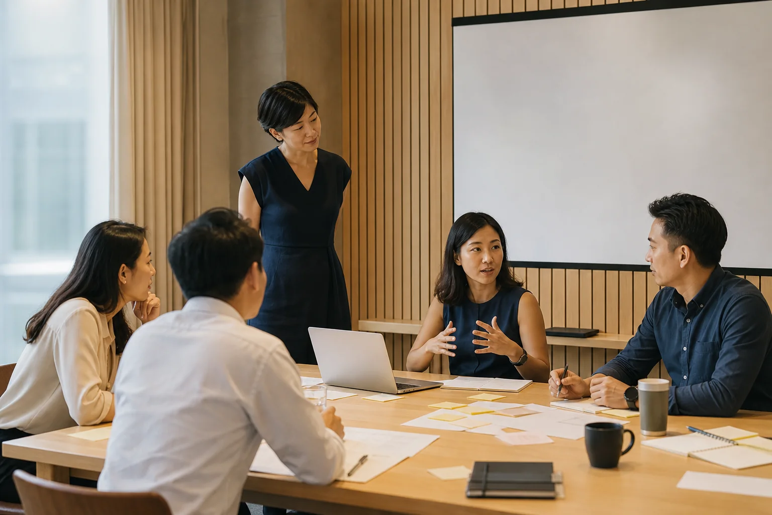 Facilitator guiding leaders through a shared organisational development conversation